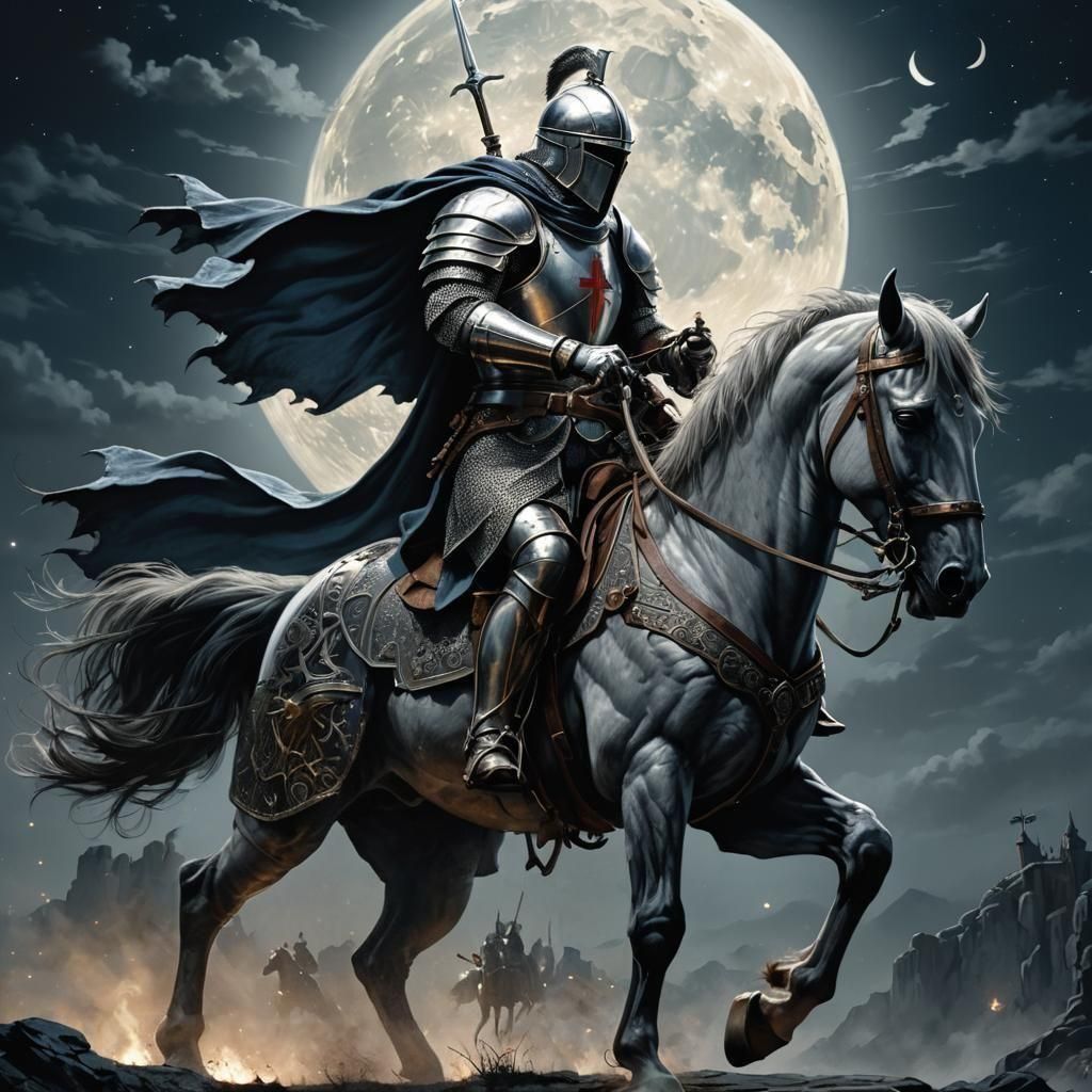 Hyperrealistic Templar Knight in Moonlight Battle
