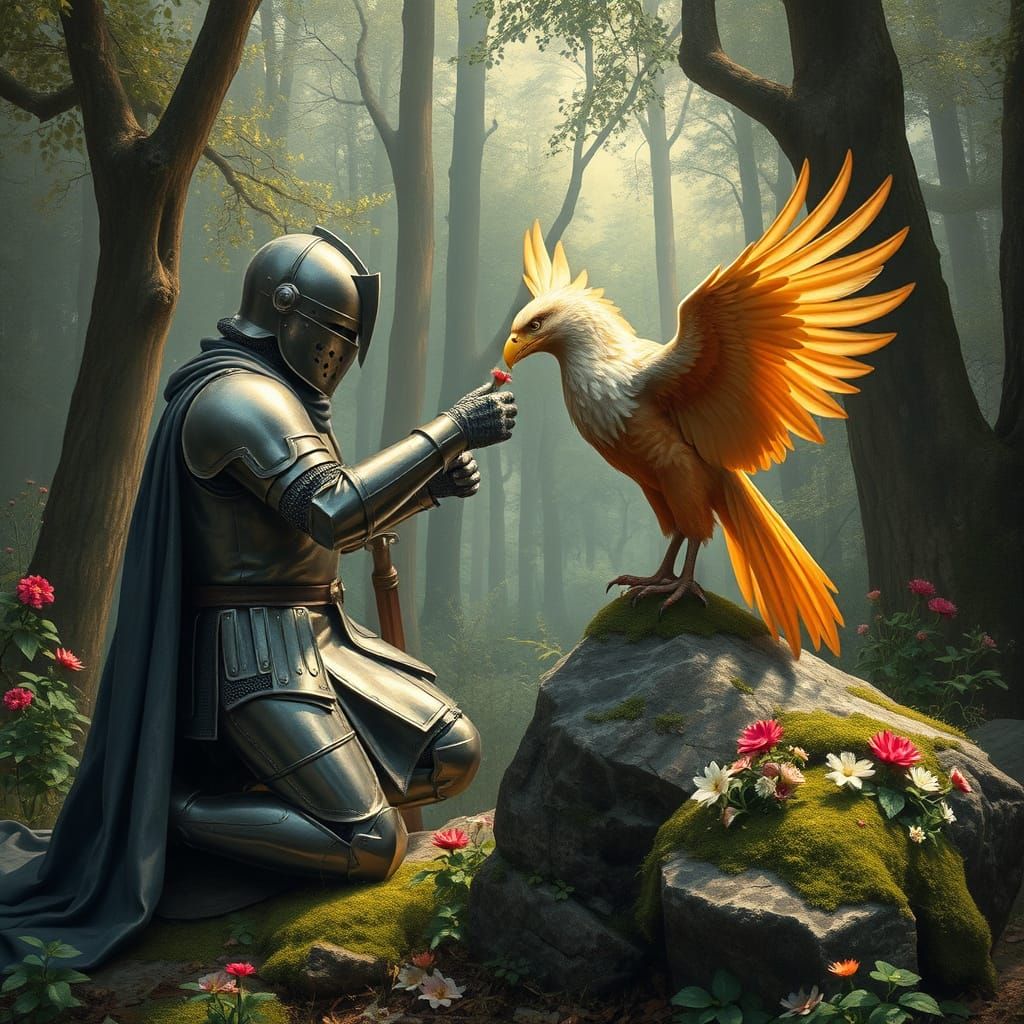 Medieval Knight Offers Wildflowers to Majestic Phoenix in En...