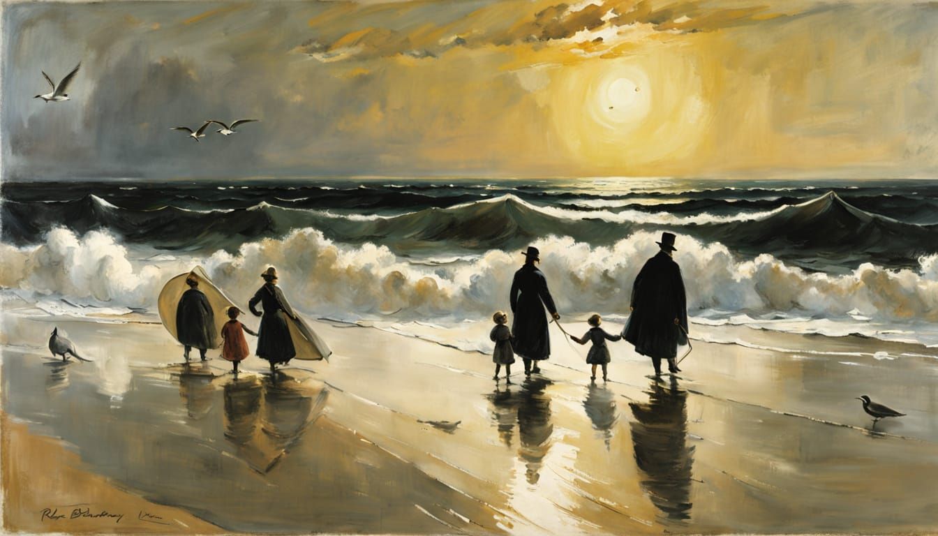 Seaside Family Stroll at Sunset, Atmospheric Painting