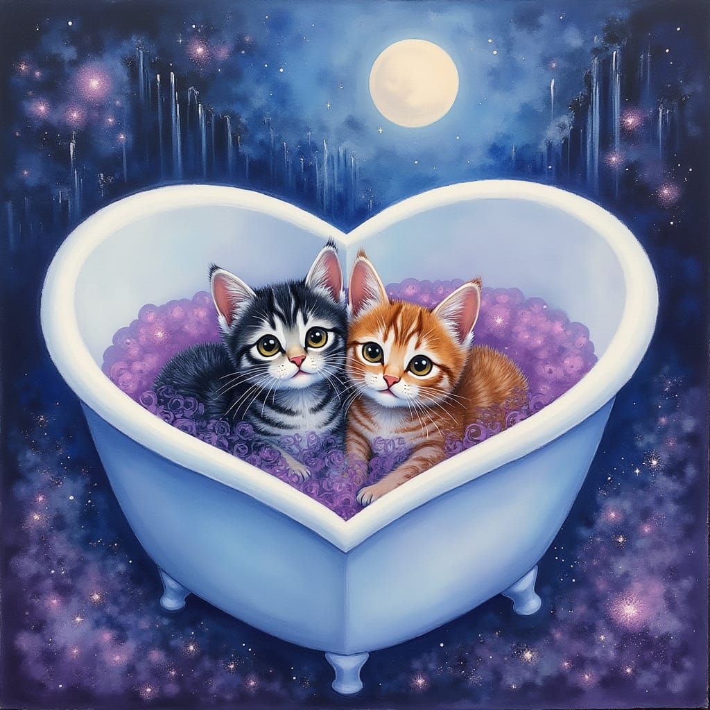 Whimsical Heart-Shaped Tub Scene in Impressionistic Style