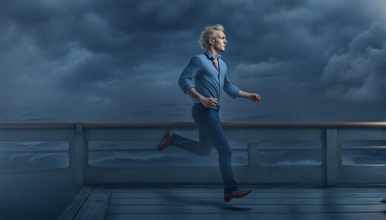 Man Running on Ship: Hyperrealistic 64 Megapixel Image