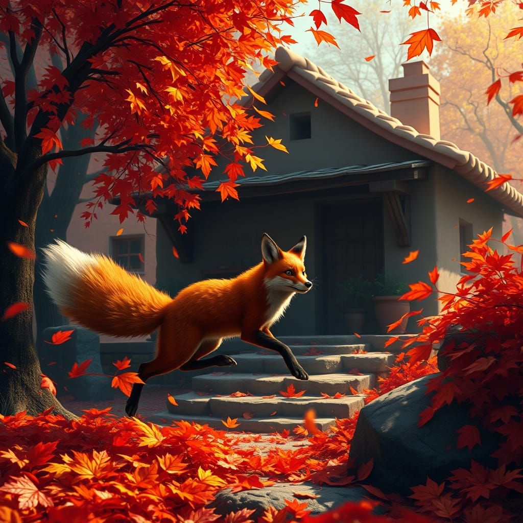Mischievous Red Fox in Fall Fantasy Landscape
