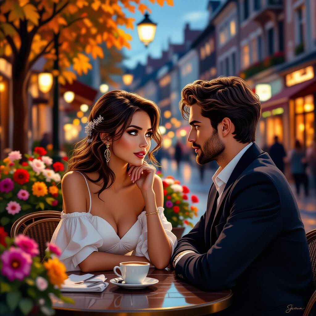 Woman at Cafe in Oil Painting Style