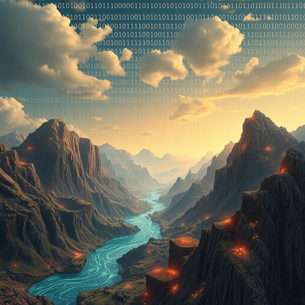 Surreal Digital Landscape: Mountains of Chips, Rivers of Dat...