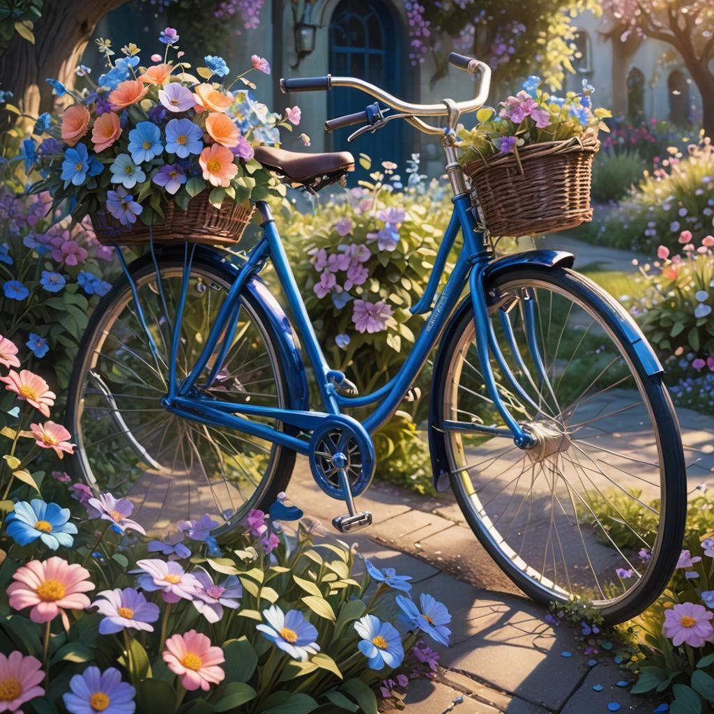 Blue Bicycle with Iridescent Flowers