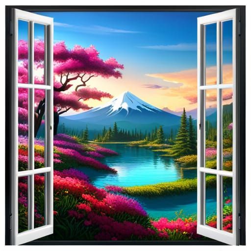 Enchanted Landscape Through a Blue Window