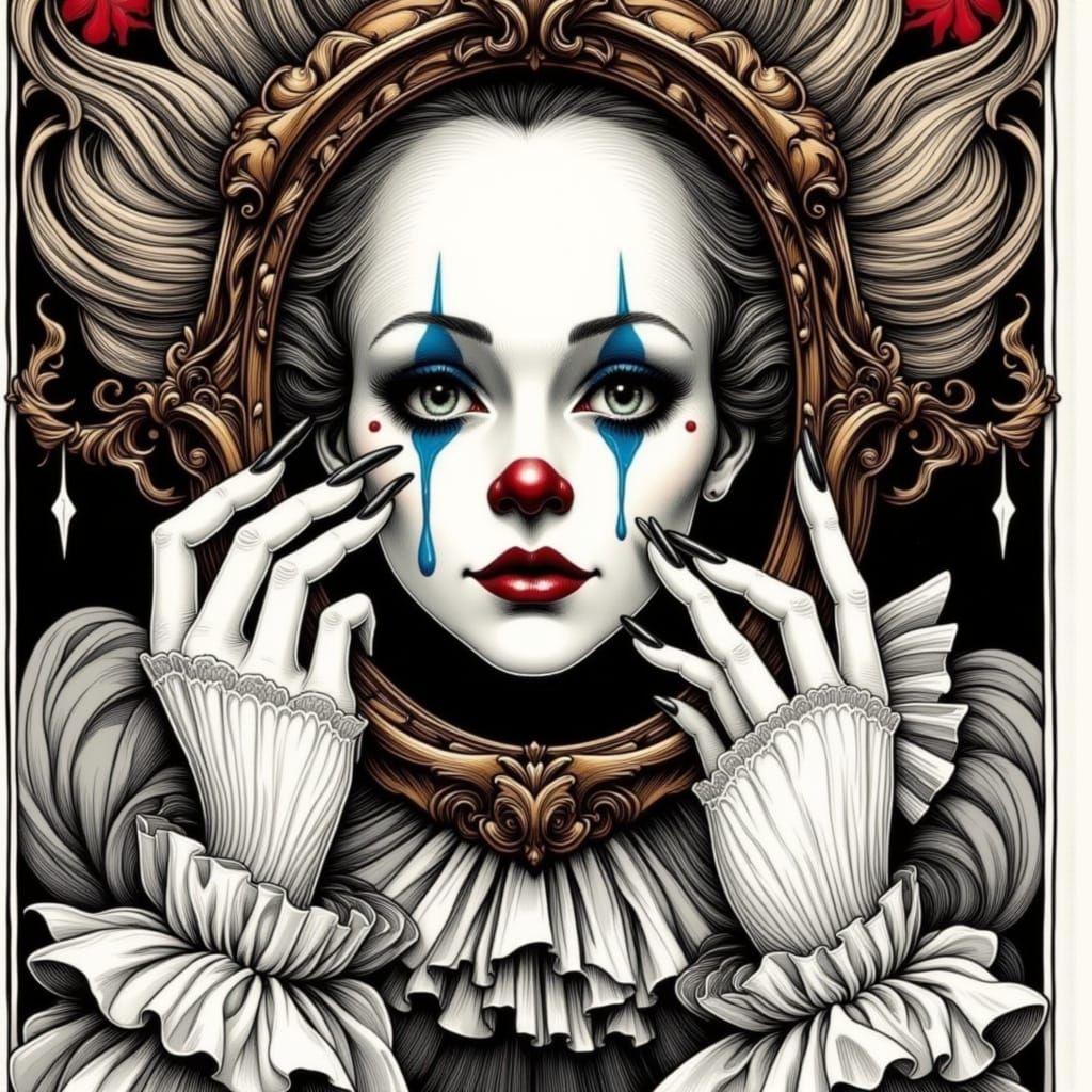 Sad Clown Reflection in Neo Art Nouveau Style