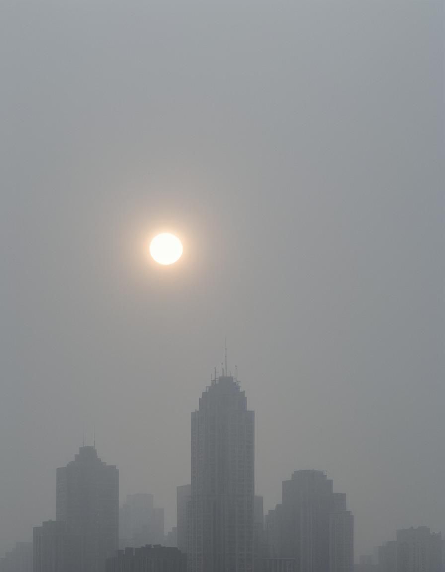 Ethereal Metropolis: Silver Sun in Fog