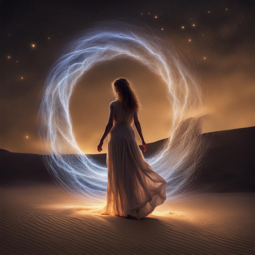Luminous Woman in Desert Light Painting