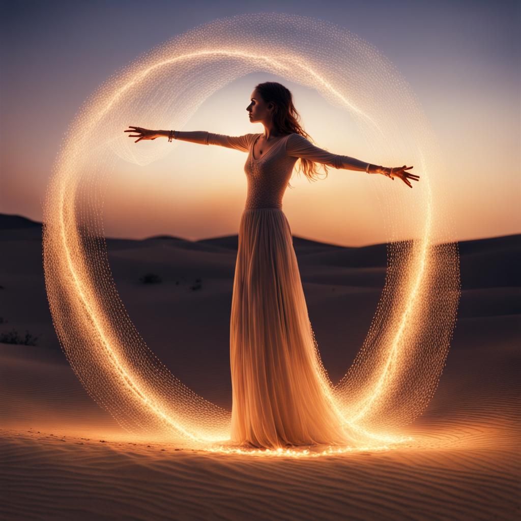 Luminous Woman in Desert Light Painting