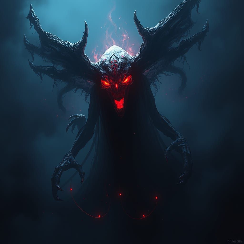 Ethereal Horror Entity Emerges from Dark Fantasy Blackness i...