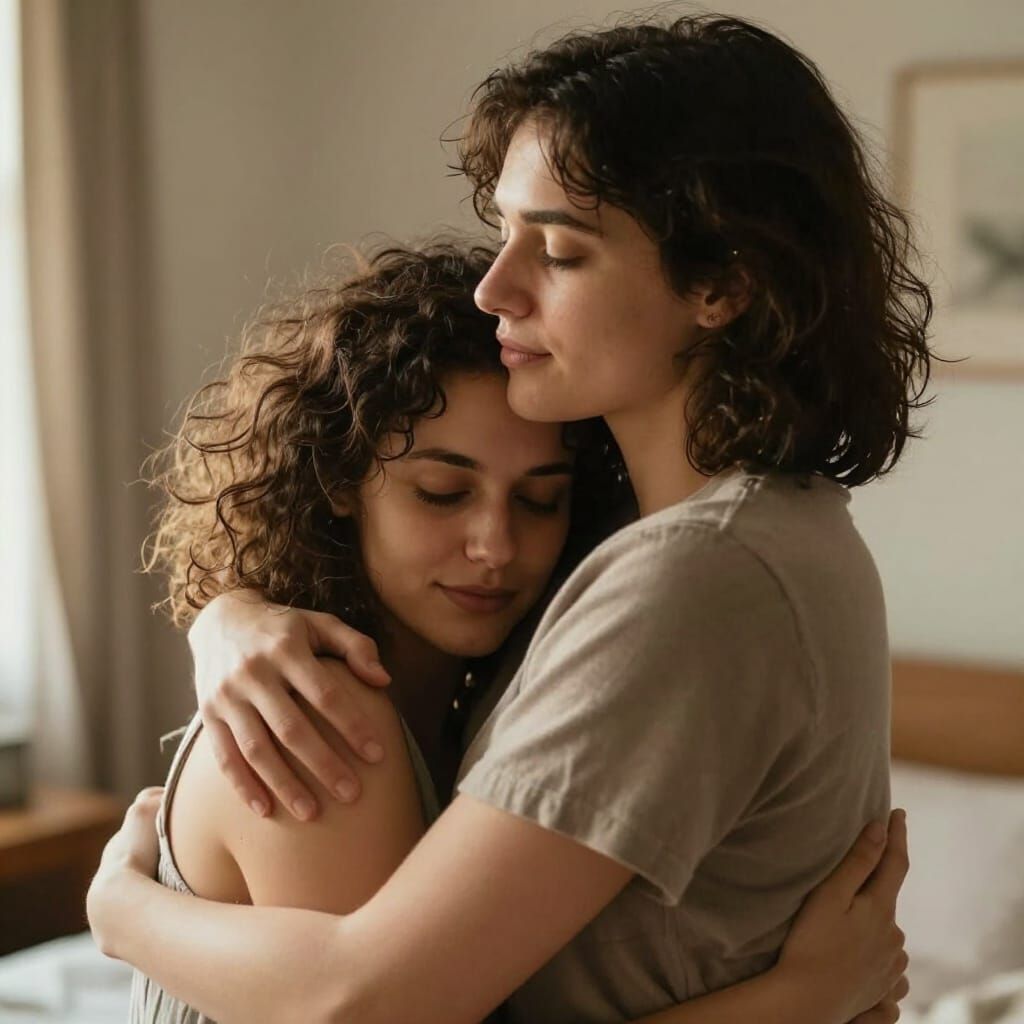 Couple Embracing in Sunlit Room, Photographic Realism