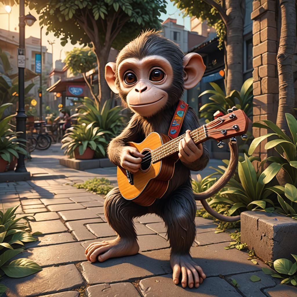 Cute Monkey Ukulele Sunset: Coloring Page Art