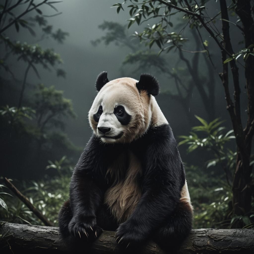 Sad Panda Seeking Hope in Gloomy Film Still