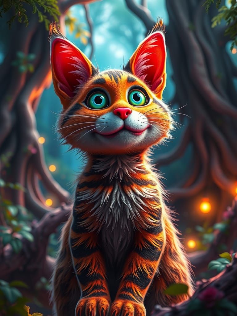 Whimsical Muppet Cat in Fantastical Landscape