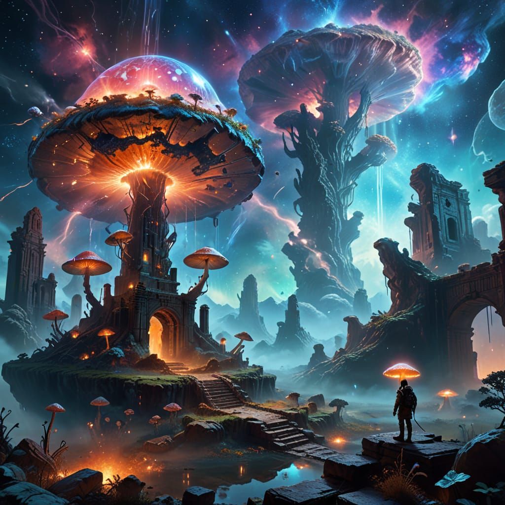 Ethereal Portal Meets Giant Crystal Mushroom in Nebula