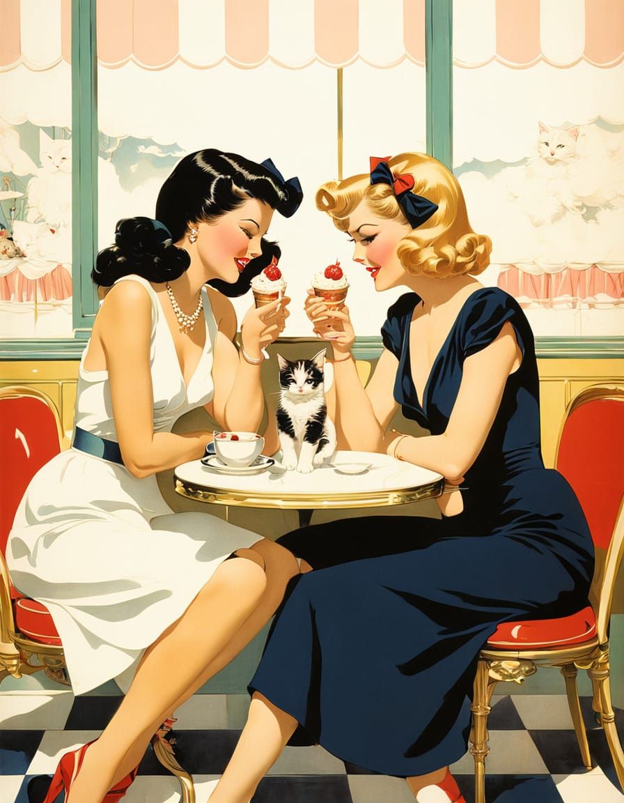 Couple with Kitten in Ice Cream Parlour