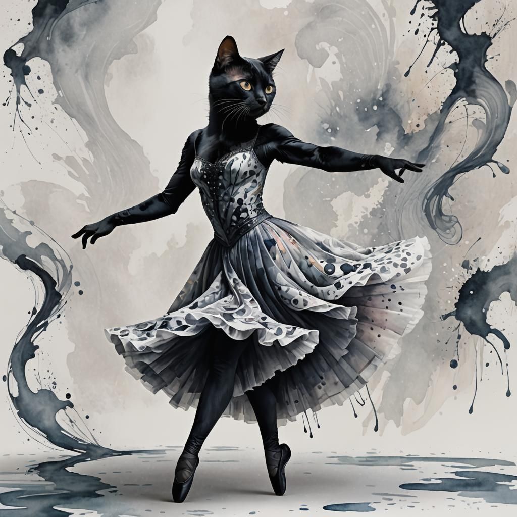 Black Cat Ballet Dancer in Watercolor Style