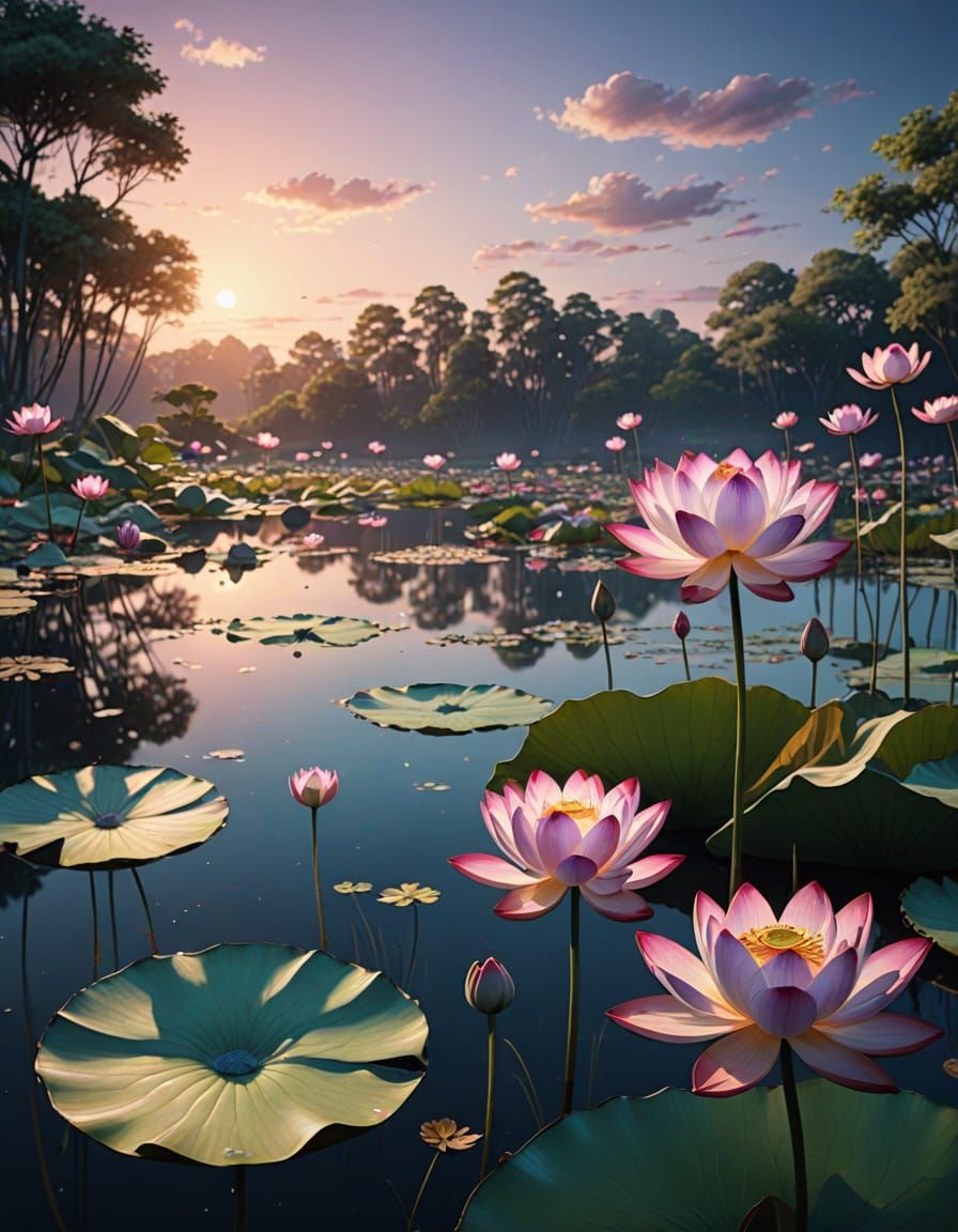 Ethereal Twilight Pond Scene with Lotus Flowers in Watercolo...