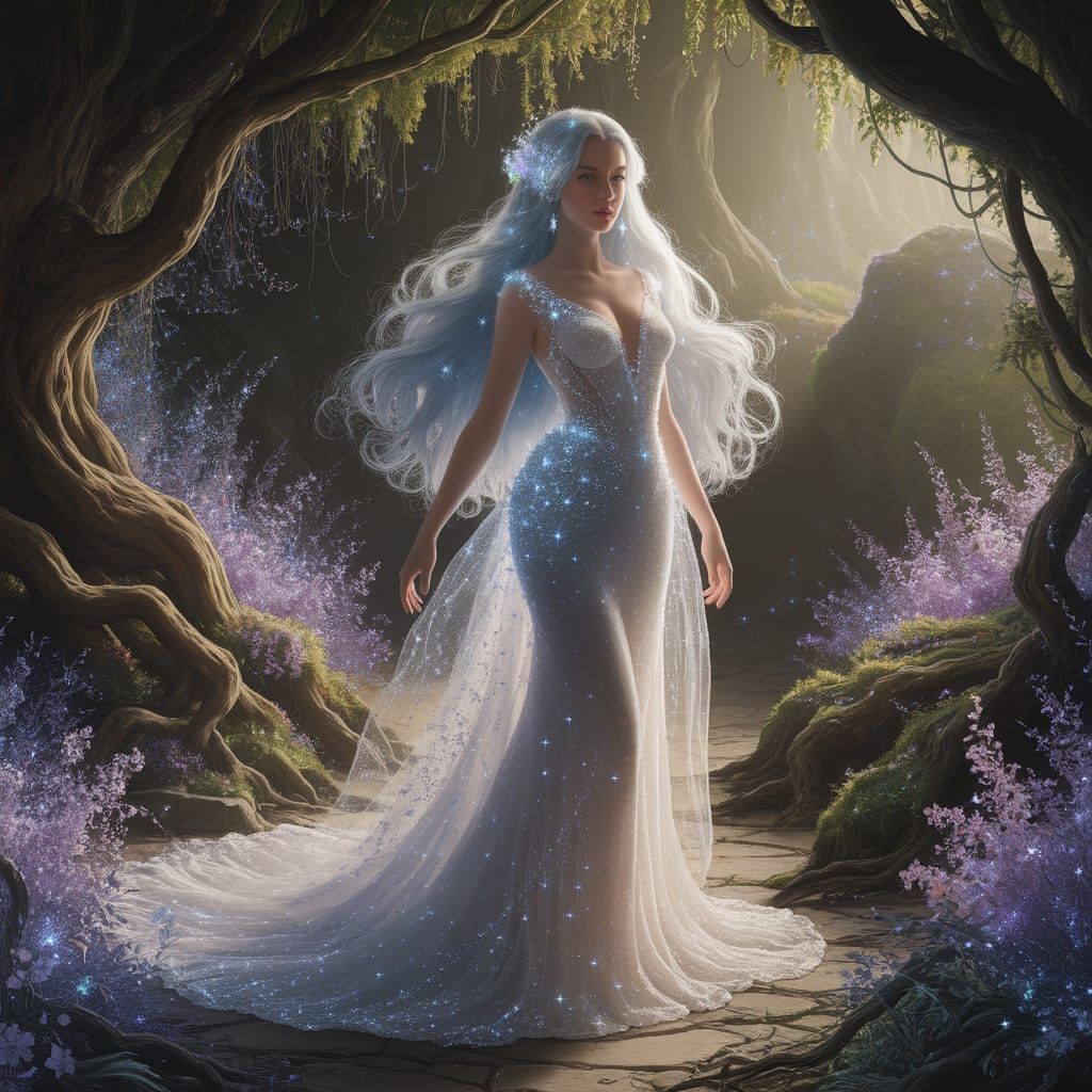 Bioluminescent Beauty in Enchanted Forest, Pre-Raphaelite St...