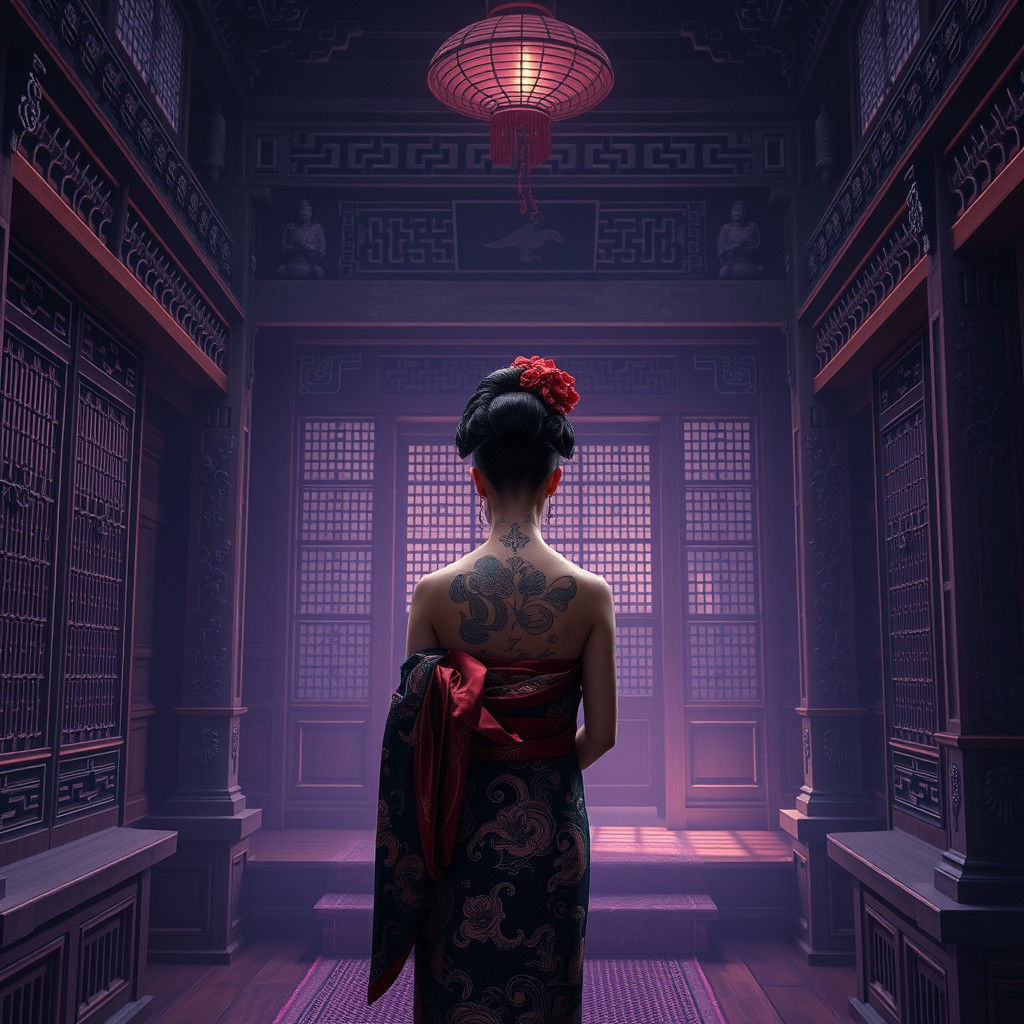 Mourning Geisha in Ancient Japanese Temple