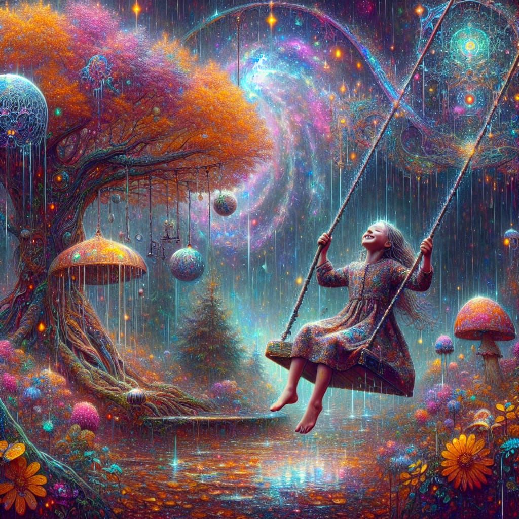 Girl on a Swing in Holographic Pop Surrealism