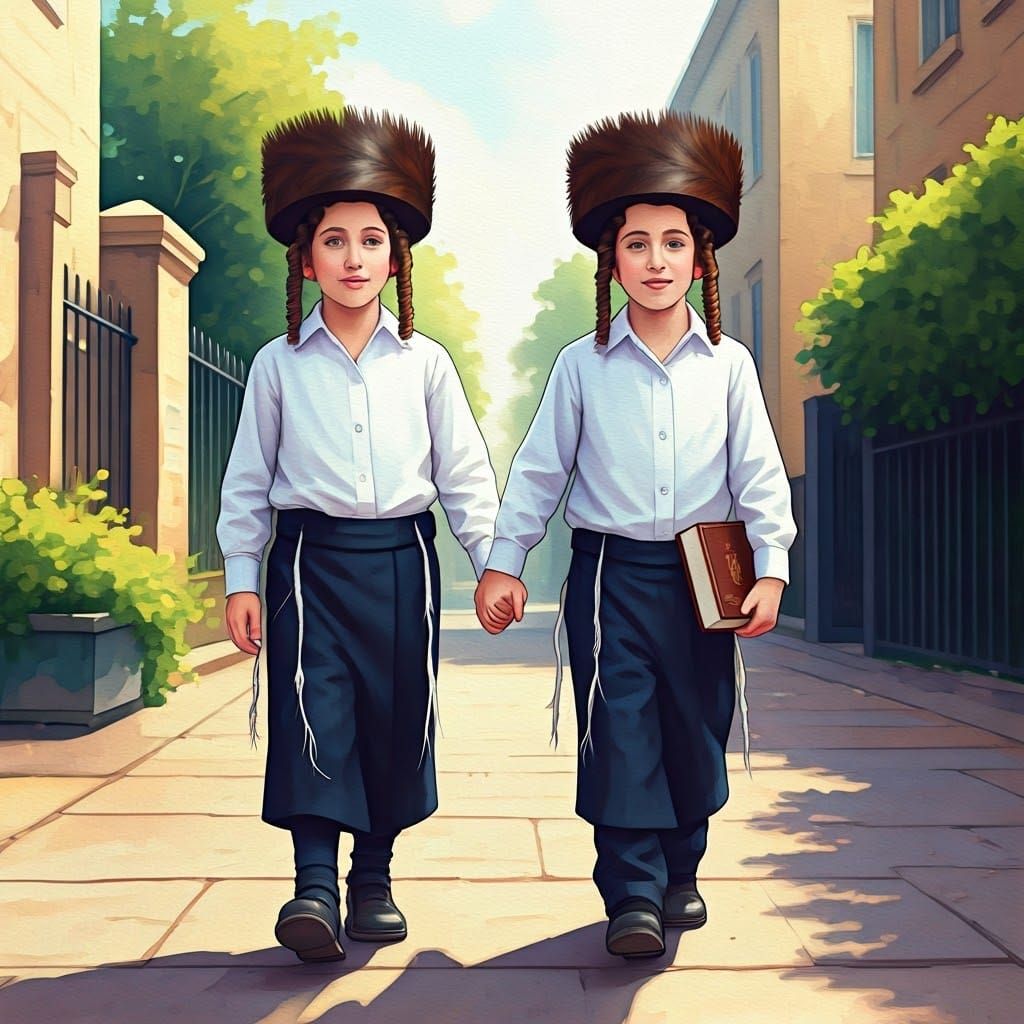 Orthodox Children Walk in Watercolor Style