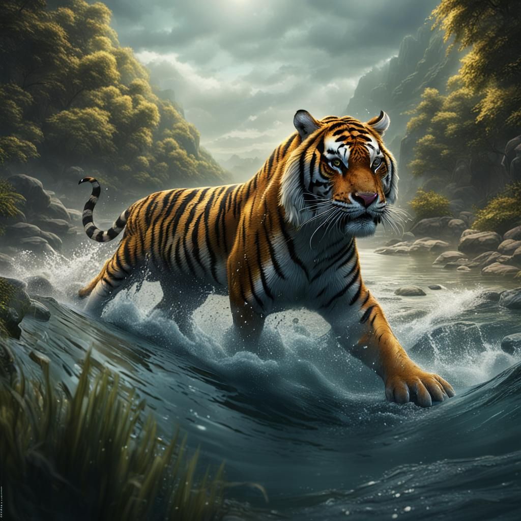 Tiger Swimming in River: Detailed Matte Painting