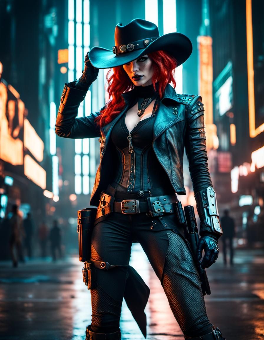 full body cyberpunk cowgirl gothwitch girl kitsune redhead c...