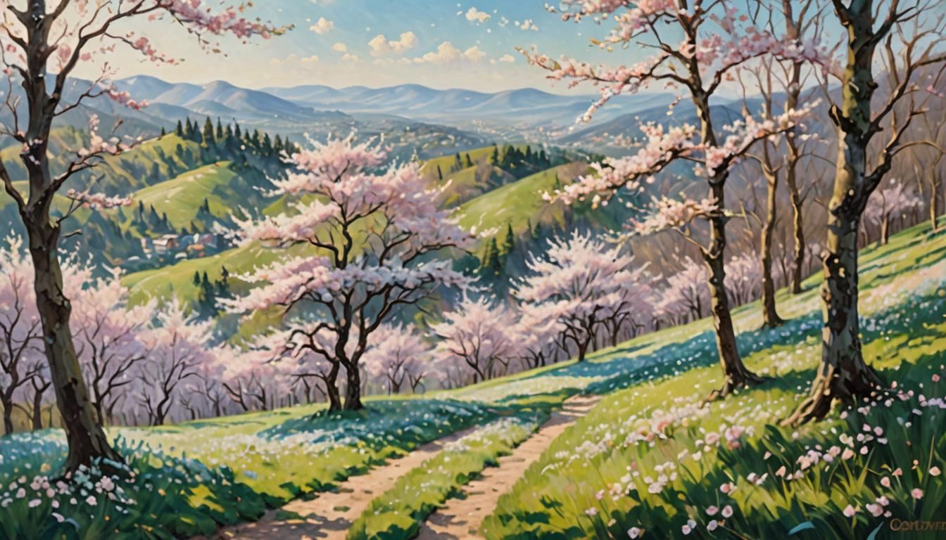 Cherry Blossom Forest in Impressionist Oil Painting