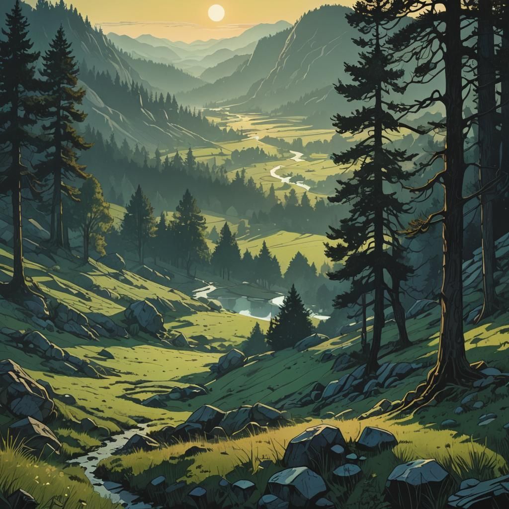 Dusk Over Valley Meadow: Retro D&D Illustration