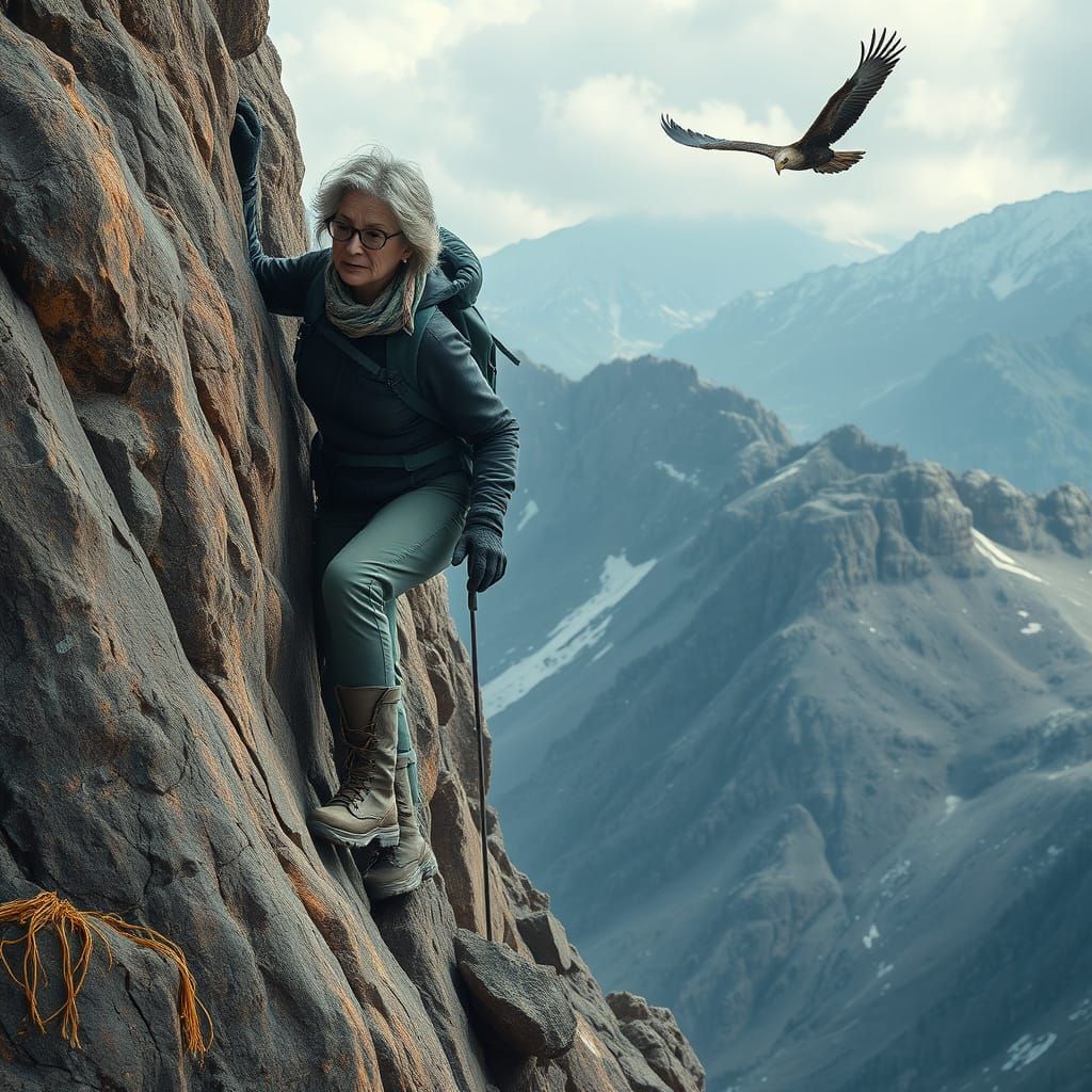 Elderly Woman Climbs Mountain with Soaring Eagle