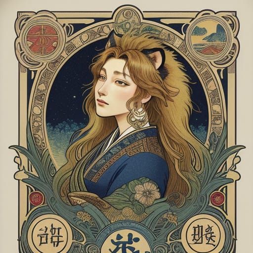 Vintage Lion Postage Stamp in Art Nouveau and Ukiyo-e Style