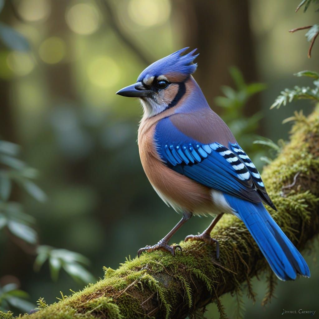 European Jay Perched on Mossy Branch in Forest Setting