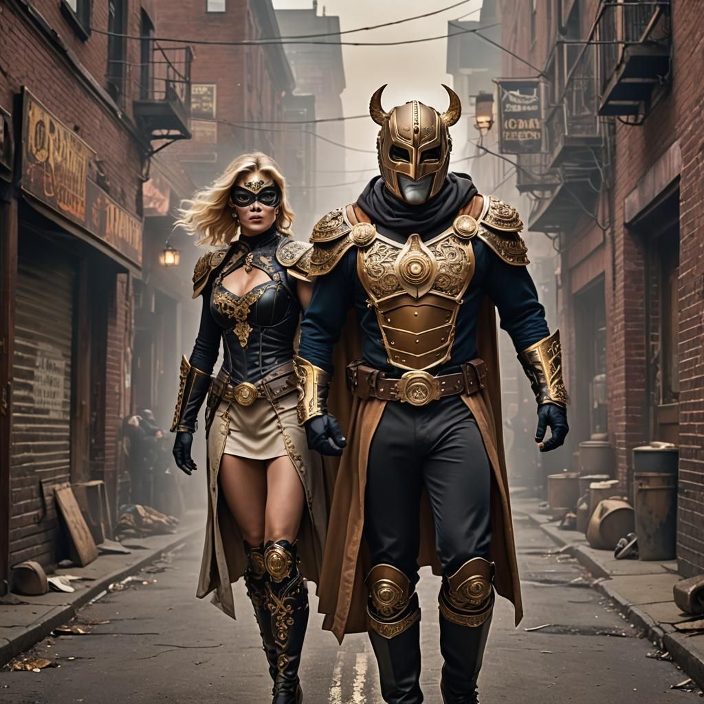 Masked luchador with a steampunk super girl