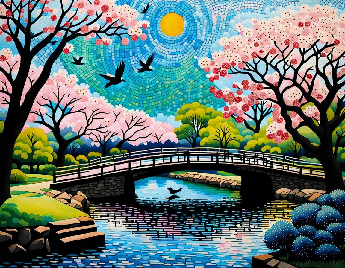 Cherry Blossoms in DC: Nihonga Pointillist Quilt