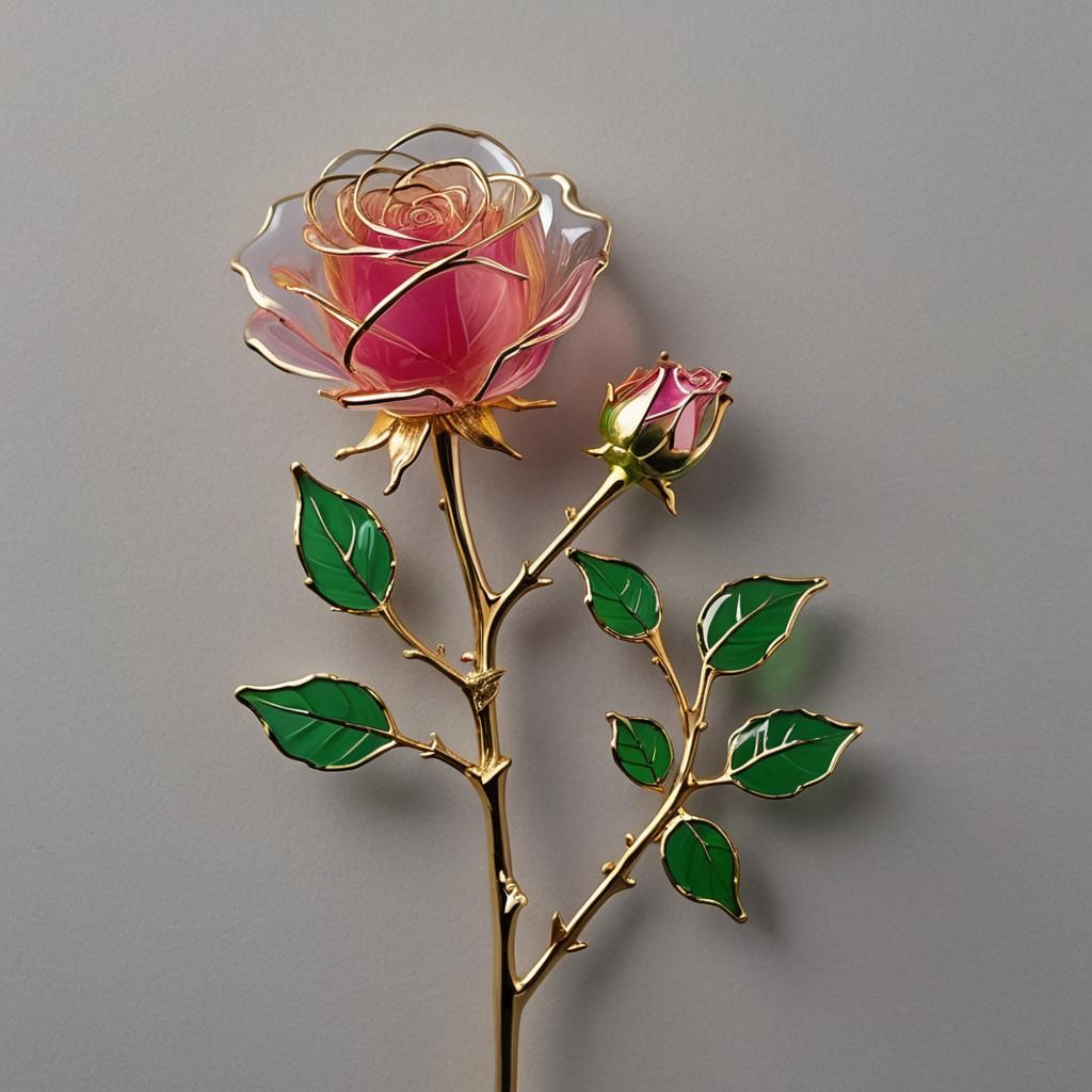Glass Rose Sculpture with Gold Outline