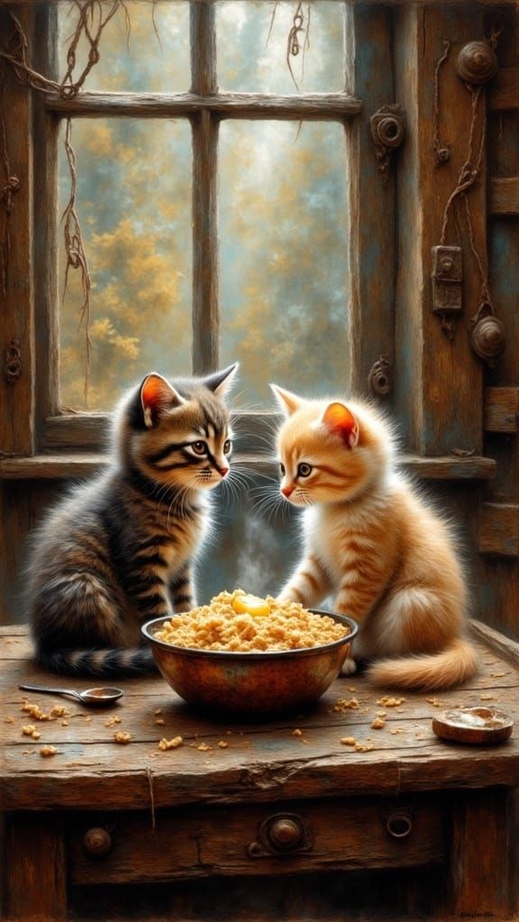 Surreal Whimsical Art of Adorable Kittens Enjoying Hot Porri...