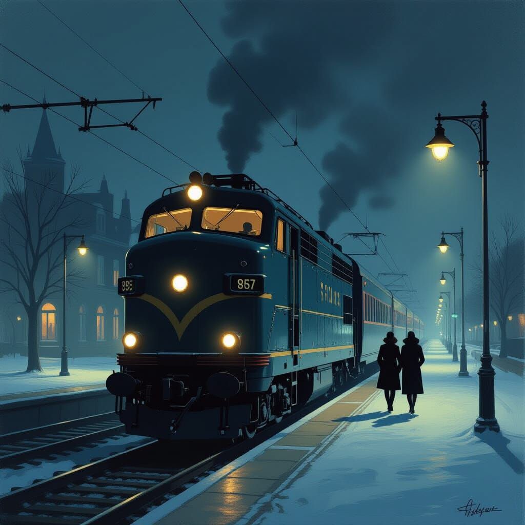 Modern Train in Edward Hopper Style with Film Noir Influence...
