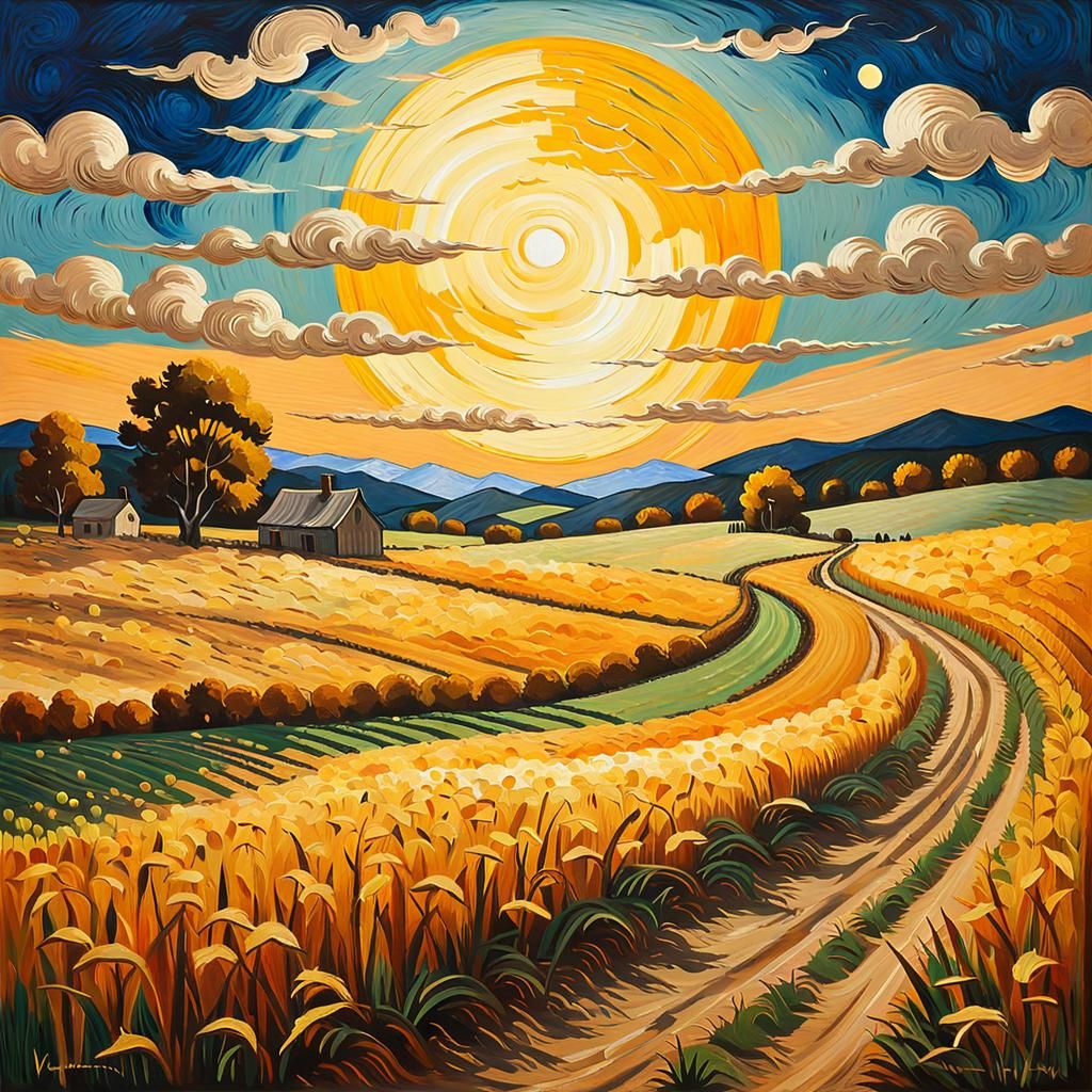 Harvest moon shining brightly in a clear October sky illuminating a gorgeous field below being harvested by the light of...