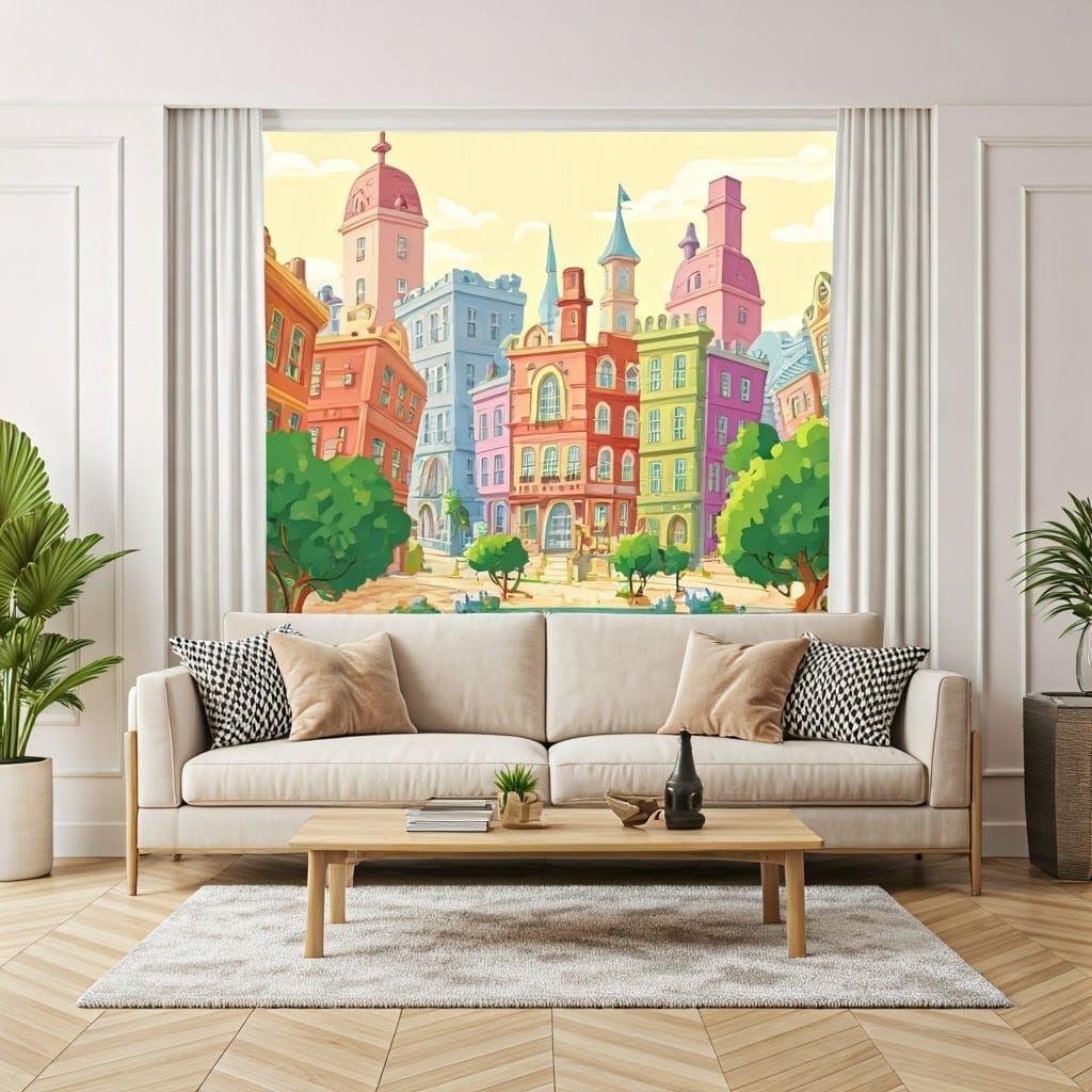 A normal living room with a view through the window of a colourful cartoon town