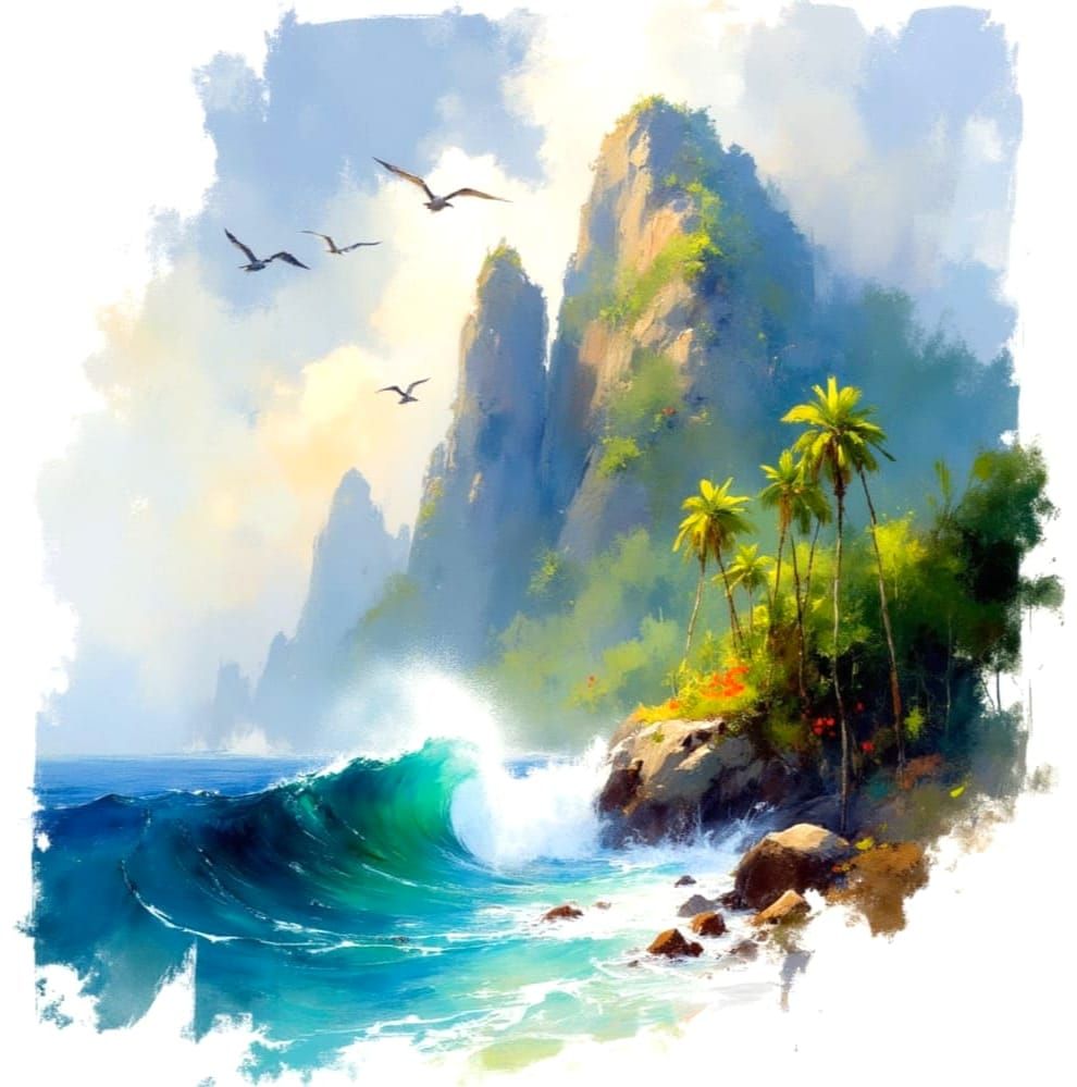 Tropical Island Paradise in Ethereal Impressionist Watercolo...