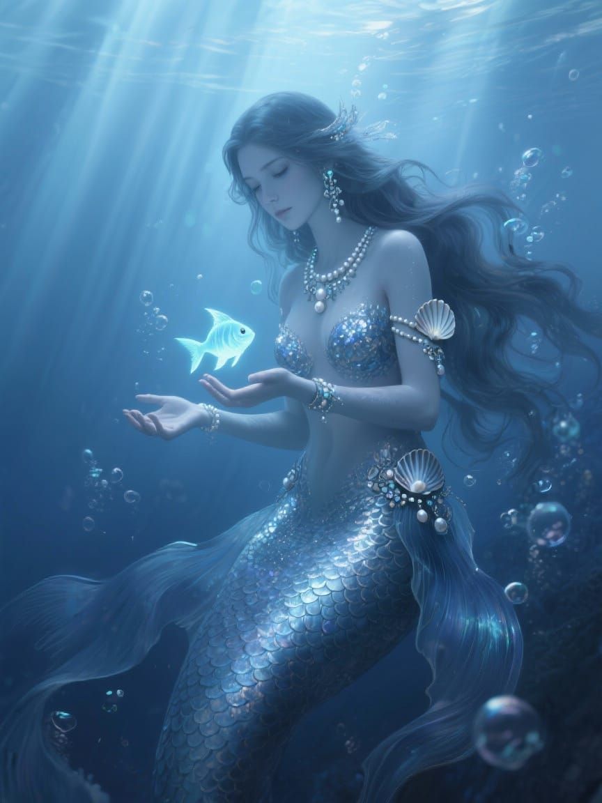 Beautiful Mermaid Underwater with Glowing Fish in Fantasy Ar...