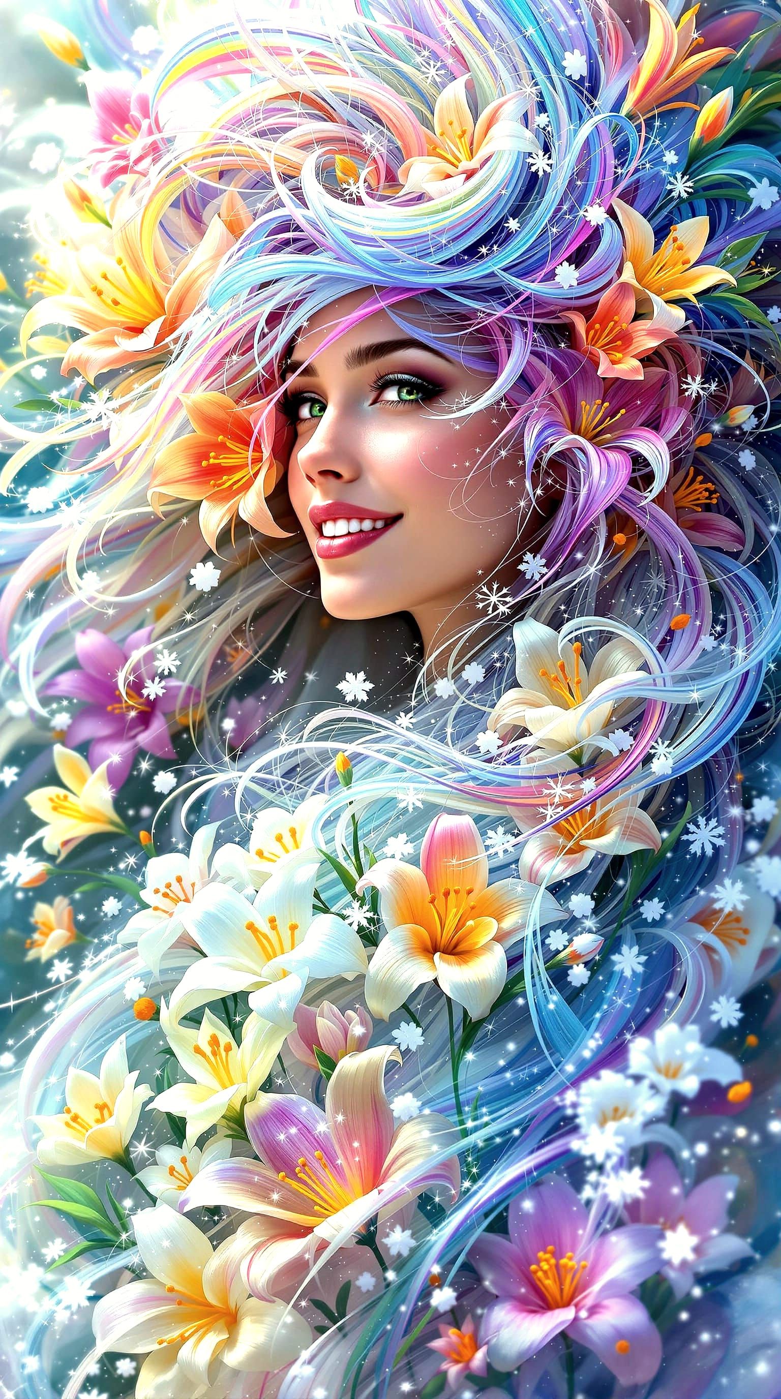 Rainbow Lily Haired Woman with Fractal Swirls