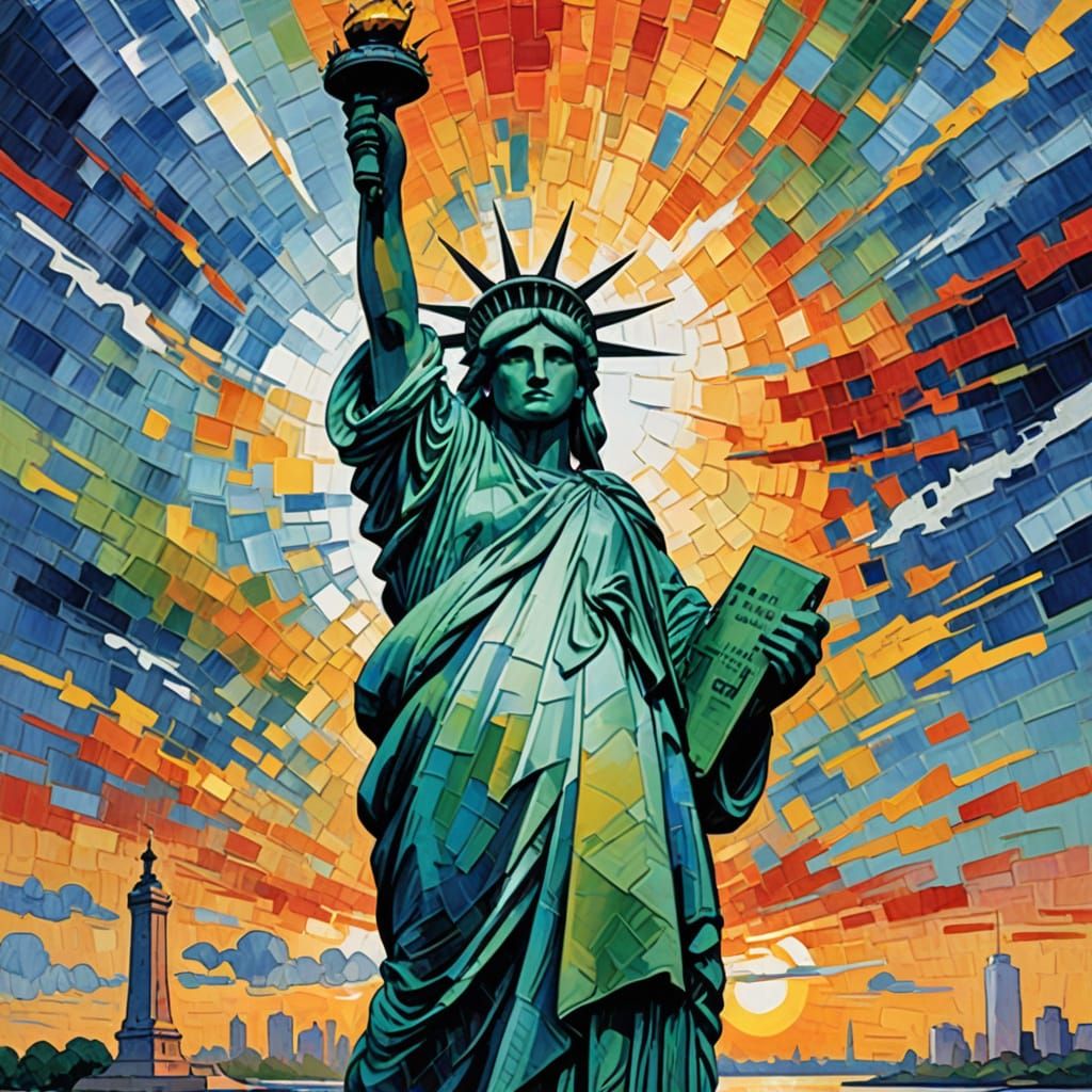 Gouache Masterpiece of the Statue of Liberty in Warm Light