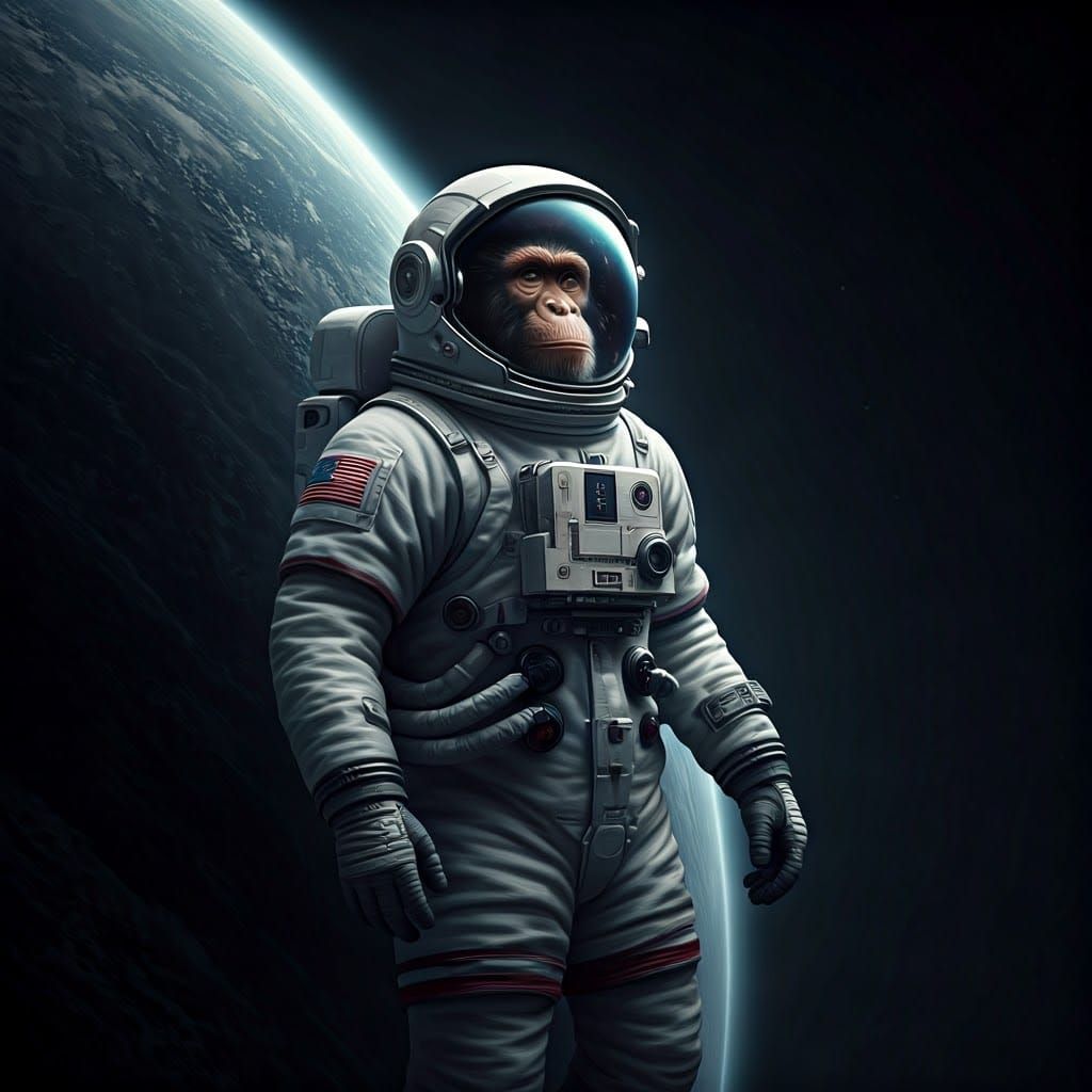 A monkey floating in space in an astronaut suit