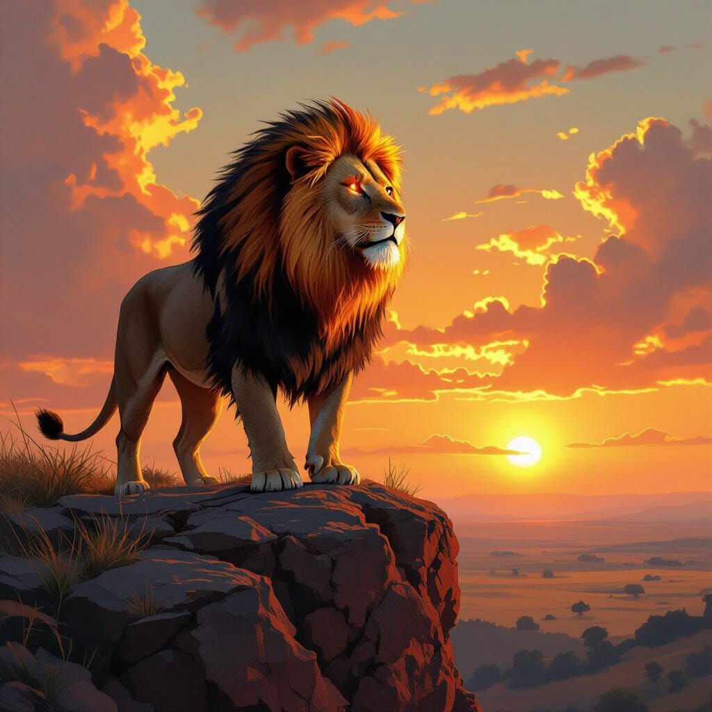 Lion with Fiery Mane Overlooking Savannah, Matte Painting