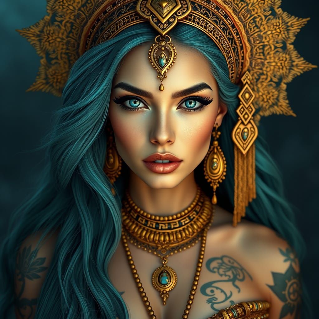 Surreal Fantasy Goddess with Teal Hair and Intricate Jewelry