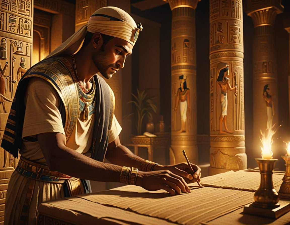 Ancient Egyptian Papyrus Maker in Golden Light