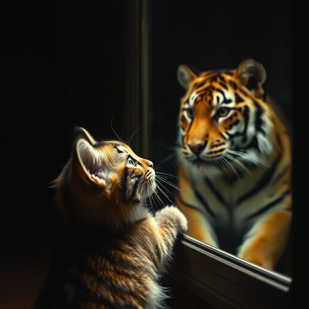 Whimsical Baby Cat Mistakes Tiger Reflection